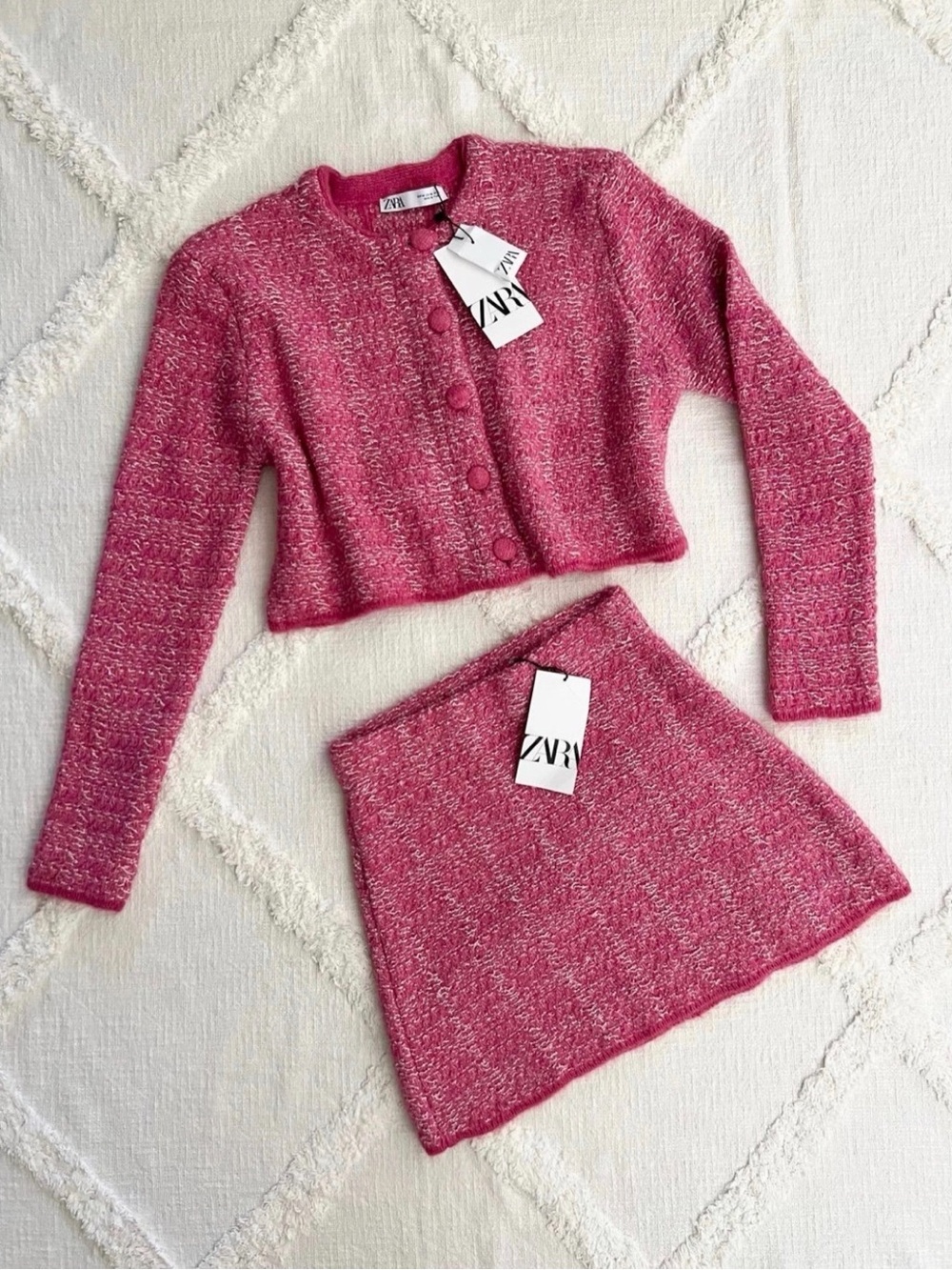 ZARA Hot Pink Tweed Cropped Cardigan & Mini Skirt Set